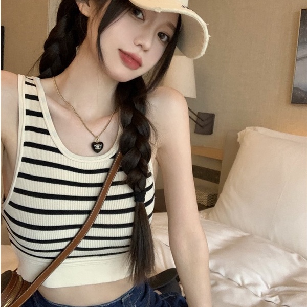 【ZHELIHANGFEI】Áo Dệt Kim Sát Nách Lưng Cao Họa Tiết Kẻ Sọc Phong Cách Quyến Rũ