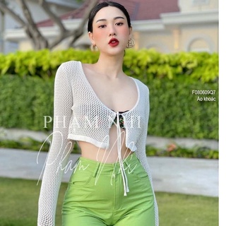 Áo khoác len lưới croptop thắt dây nơ ngực tay dài thời trang!