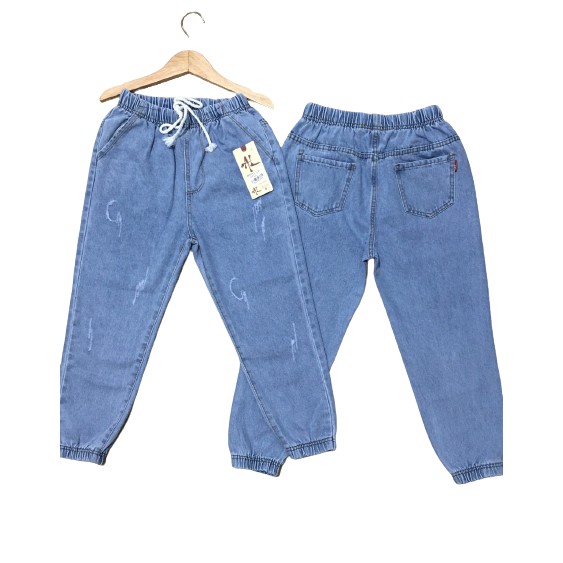 Quần baggy jean nữ lưng thun mẫu cào xước bo tua lai