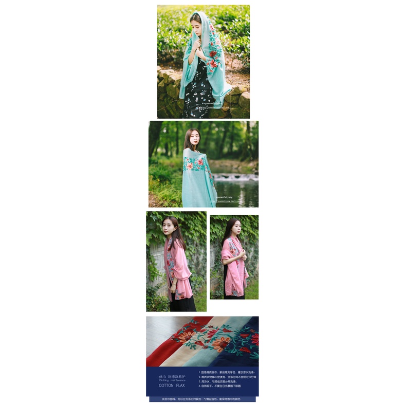 Khăn Choàng Lụa Cỡ Lớn Thêu Họa Tiết Hoa Phong Cách Dân Tộc Thời Trang Đi Biển Mùa Hè