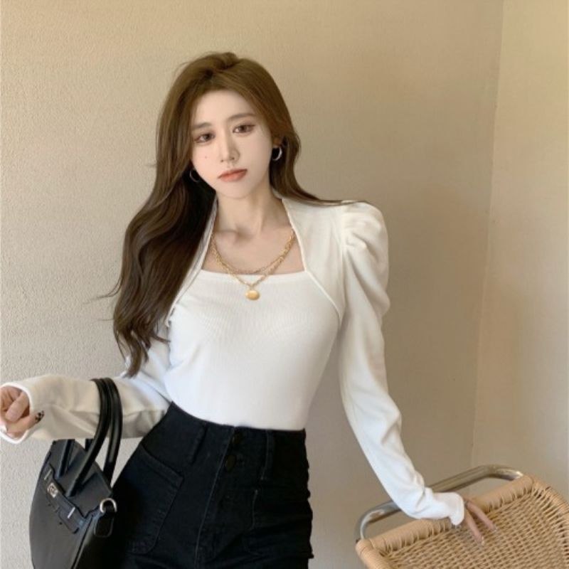 Áo Thun COZOK Tay Dài Cổ Vuông Màu Trơn Dễ Phối Đồ Hợp Thời Trang