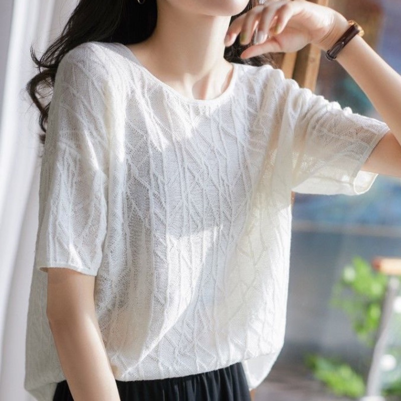Áo Thun Dệt Kim Ngắn Tay Thời Trang Cho Nữ 153217 Áo Kiểu Cổ Tròn Vải Jacquard Mỏng Thời Trang Mùa Hè Năng Động