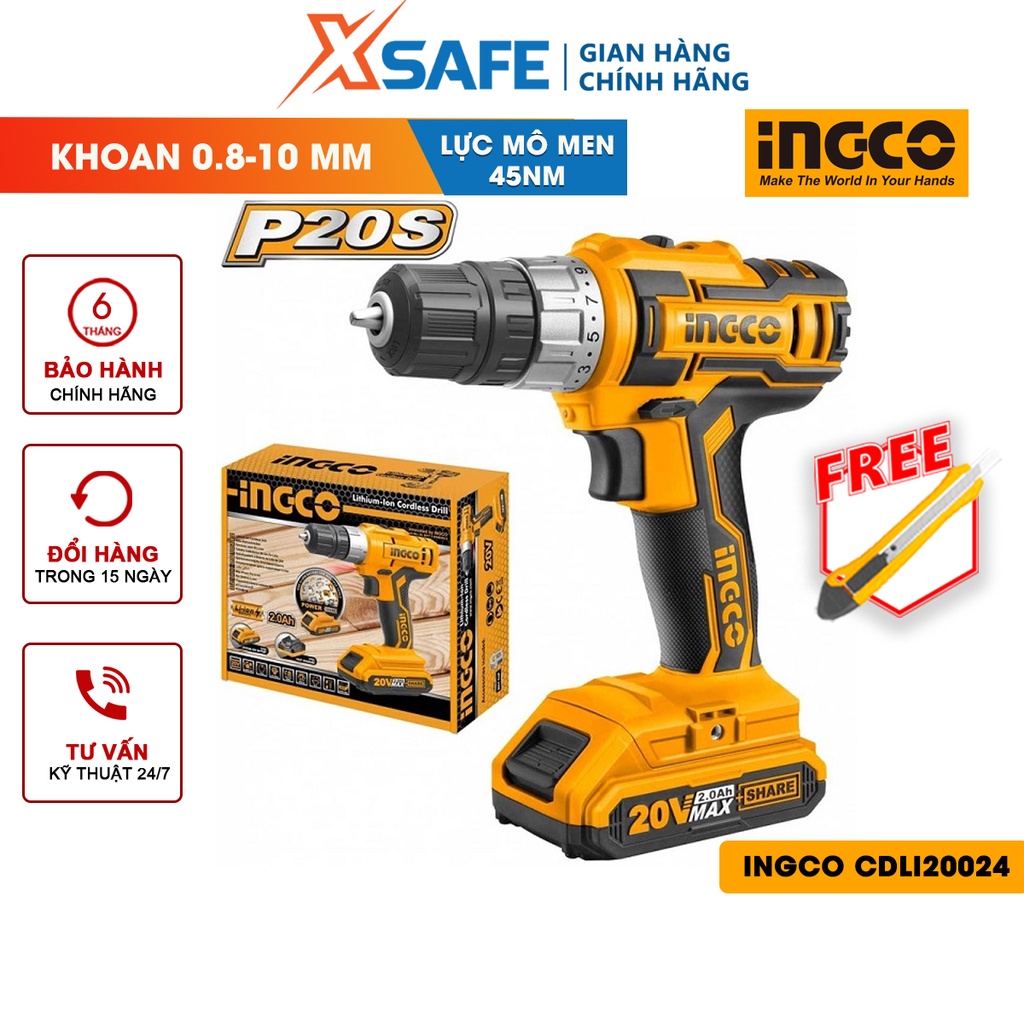 Máy khoan pin cầm tay 20V INGCO CDLI20024 hai tốc độ 400-1350v/p, có đèn làm việc, kèm theo 1 pin 1 sạc 2ah
