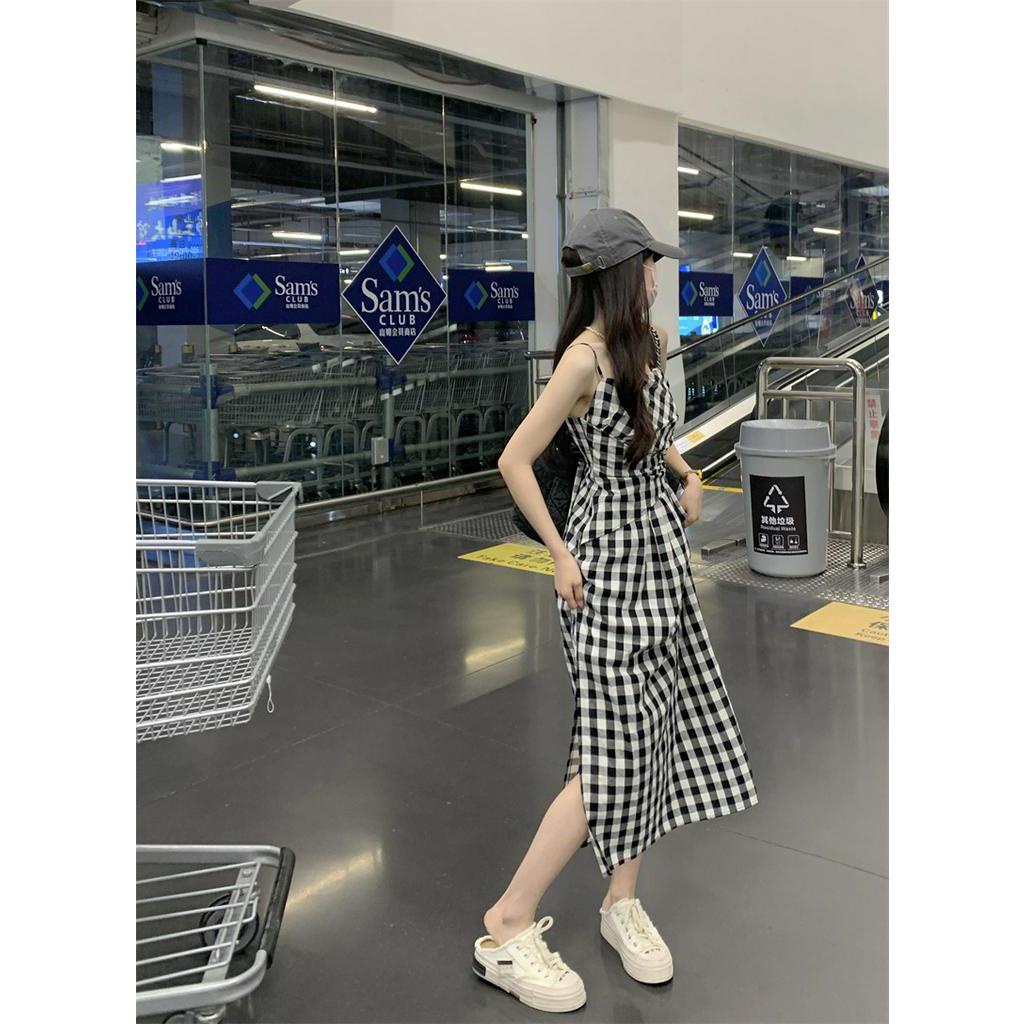 62917 Phong Cách Mới Đầm Hai Dây Kẻ Caro