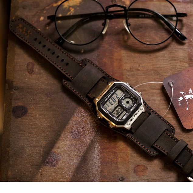 Dây Casio AE 1200 da bò đen RAM Leather B2 1952 - tặng khóa chốt và cây thay dây