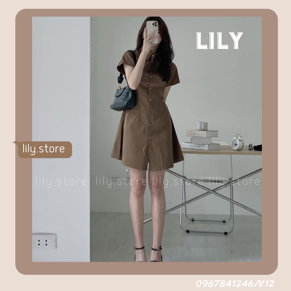 Váy sơ mi dáng suông có chiết eo, Đầm sơ mi chiết eo tiểu thư chất liệu kaki tôn dáng trắng be đen V12 LILY