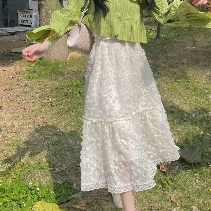 Set Áo Sơ Mi Phối Bèo Màu Xanh Lá + Chân Váy Dài Vừa Phải Thiết Kế Mới Trẻ Trung Cho Nữ