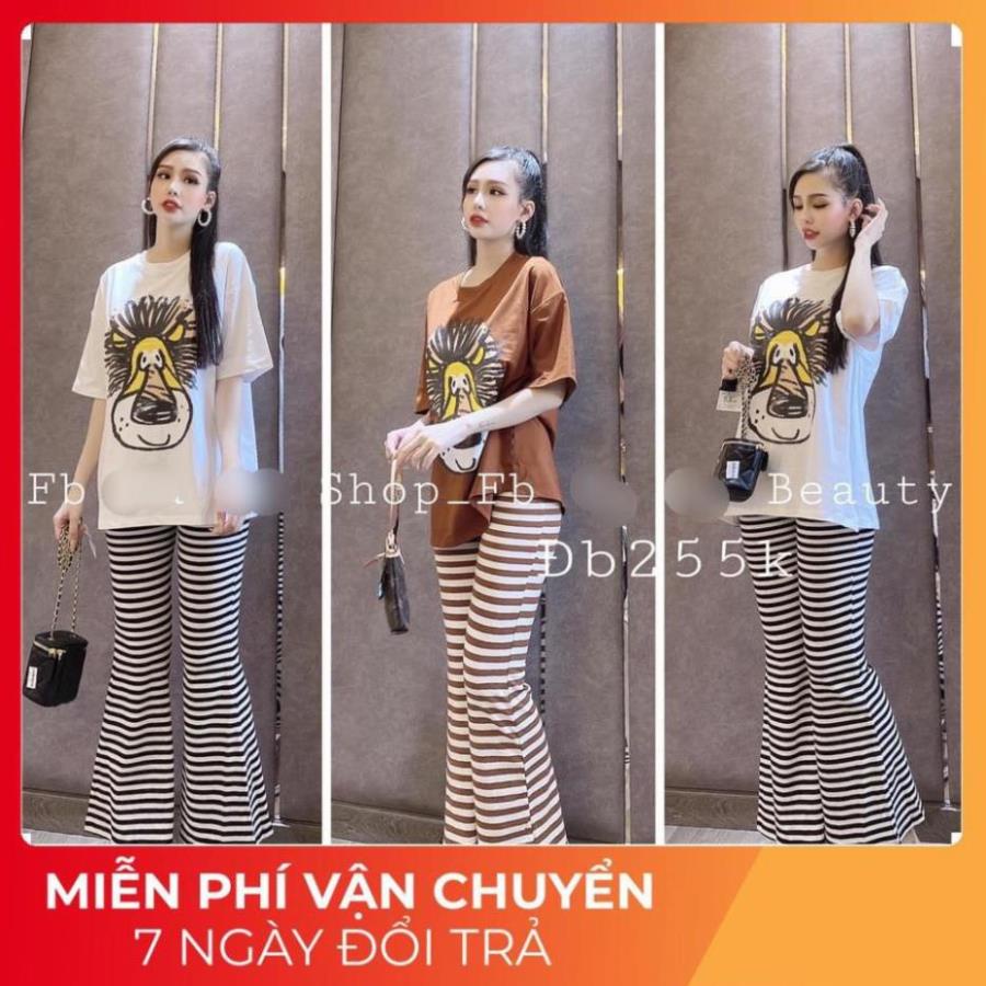 SÉT BỘ HOẠT HÌNH SƯ TỬ QUẦN KẺ NGANG ỐNG RỘNG ĐỒ BỘ NỮ CÓ ẢNH THẬT + VIDEO LUÔN Ạ