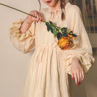 Đầm midi tay Phụ nữ Midi Dresses Mùa xuân Dài tay áo Cổ điển Puff Sleeves Court Thời trang Giản dị Thanh lịch Váy