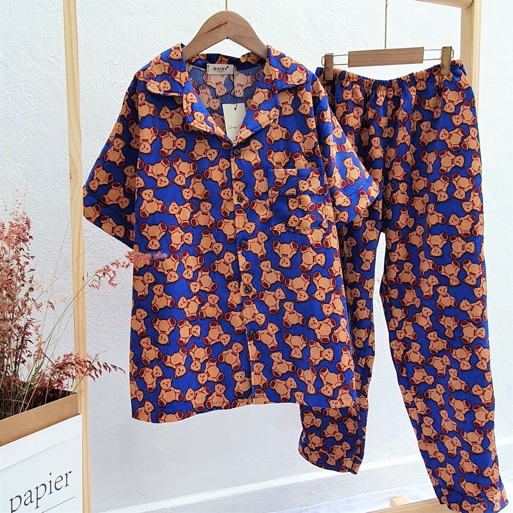 Pyjama dài nhung tex gấu nền xanh