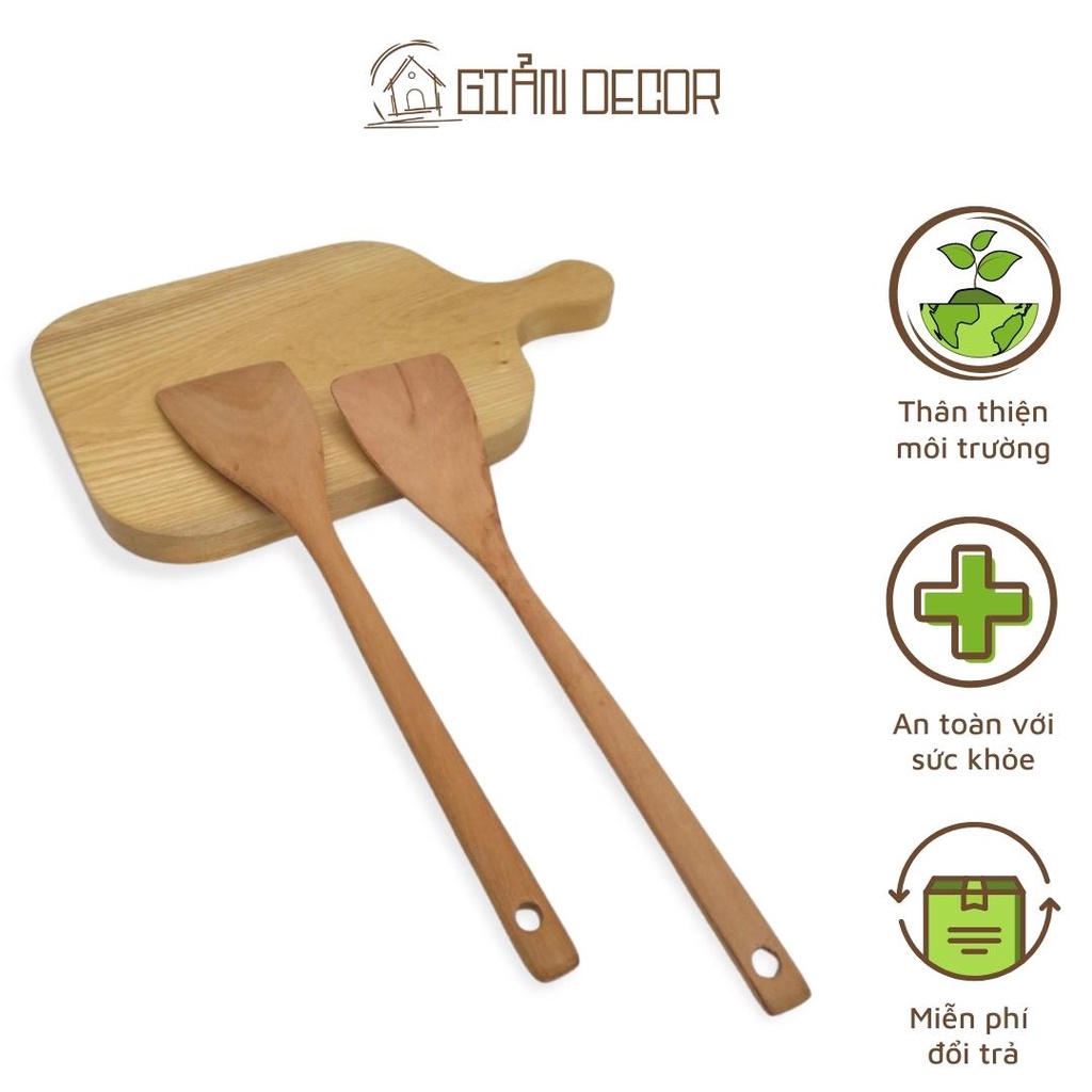 Xẻng lật thức ăn bằng gỗ cán dài, chống dính, chống mối mọt - gỗ tự nhiên, không phủ hóa chất, an toàn với sức khỏe