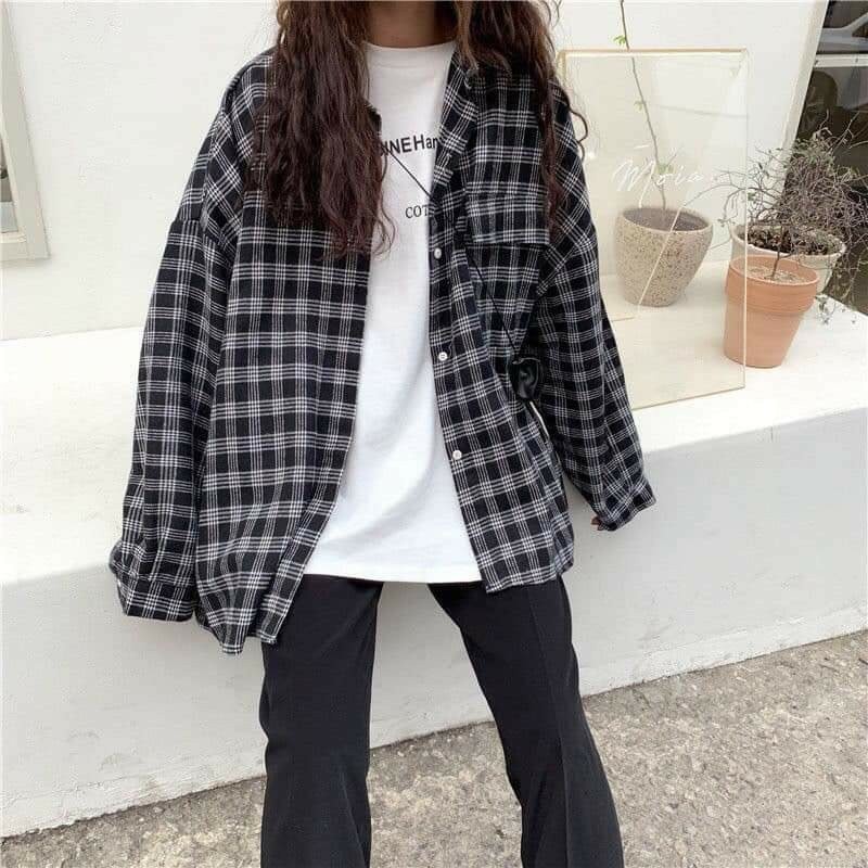 Áo Sơ Mi Kẻ Caro Tay Phồng 1 Túi Form Oversize Ulzzang Nam Nữ Unisex