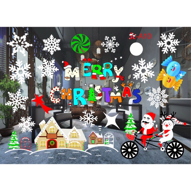 DEcal dán tường Noel Hít Tĩnh Điện Không Dơ Kính - Noel đạp xe sắc màu