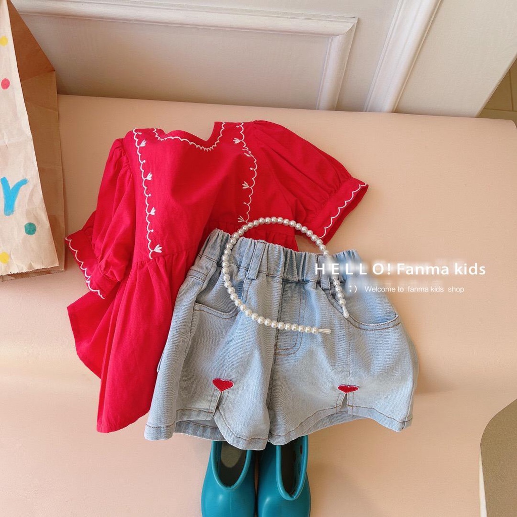 Quần Short Denim Mềm Mại Thêu Hình Trái Tim Phong Cách Hàn Quốc Nhật Bản Thời Trang Mùa Hè 2022 Dành Cho Bé Gái