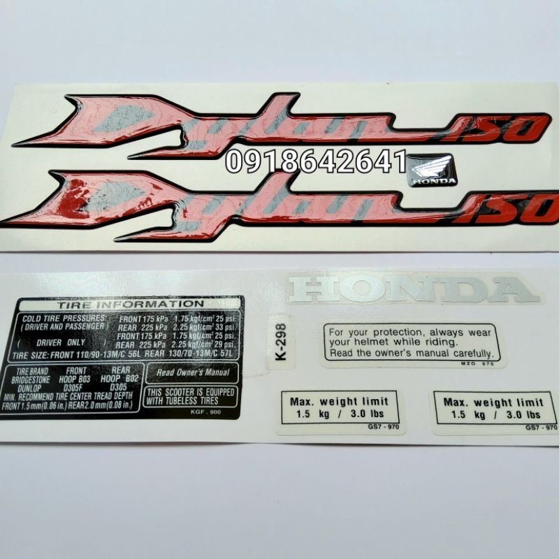 Bộ tem chữ Dylan 150 kèm thông số như zin - Màu đỏ