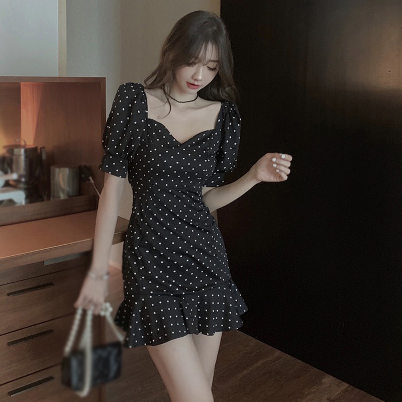 Đầm Tay Ngắn Cổ Vuông Họa Tiết Chấm Bi Phong Cách Hàn Quốc Thời Trang Mùa Hè Xinh Xắn Cho Nữ