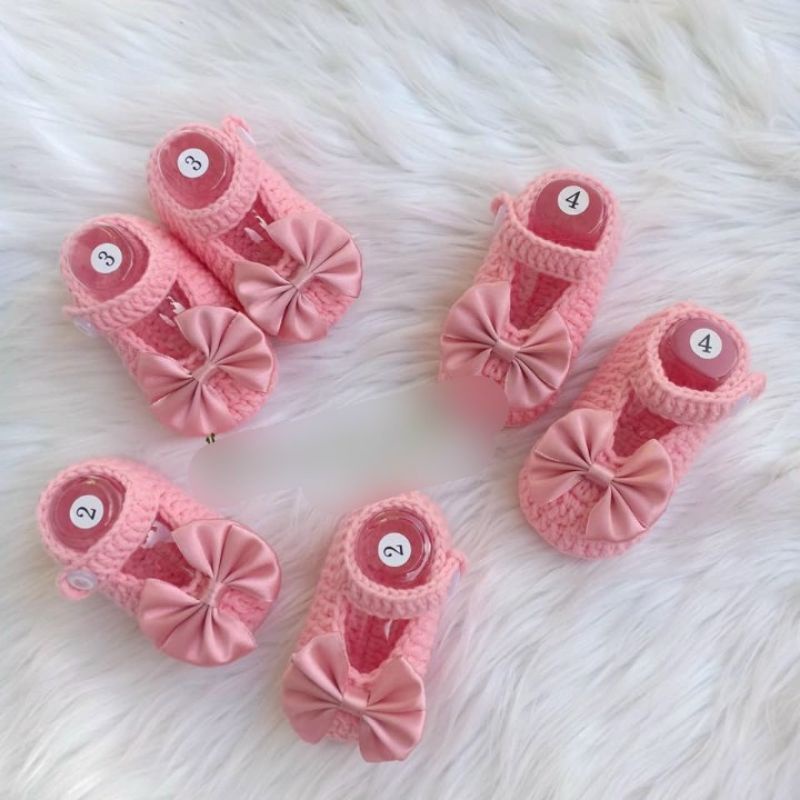 Giày len đính ngọc có gắn nơ cho bé gái có dán đế và không dán Đế cho bé gái từ 0-18 tháng