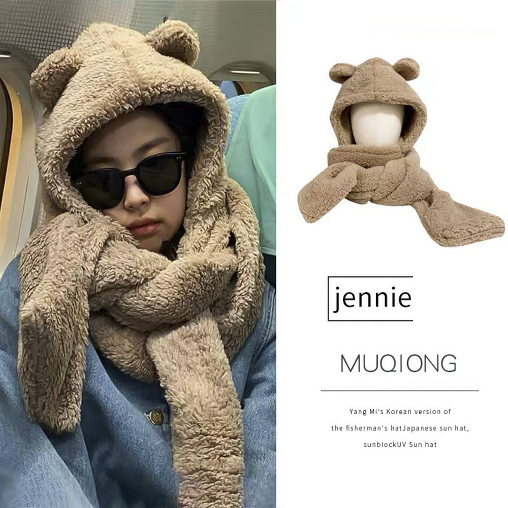 Khăn quàng cổ hình tai gấu đáng yêu may liền mũ/găng tay