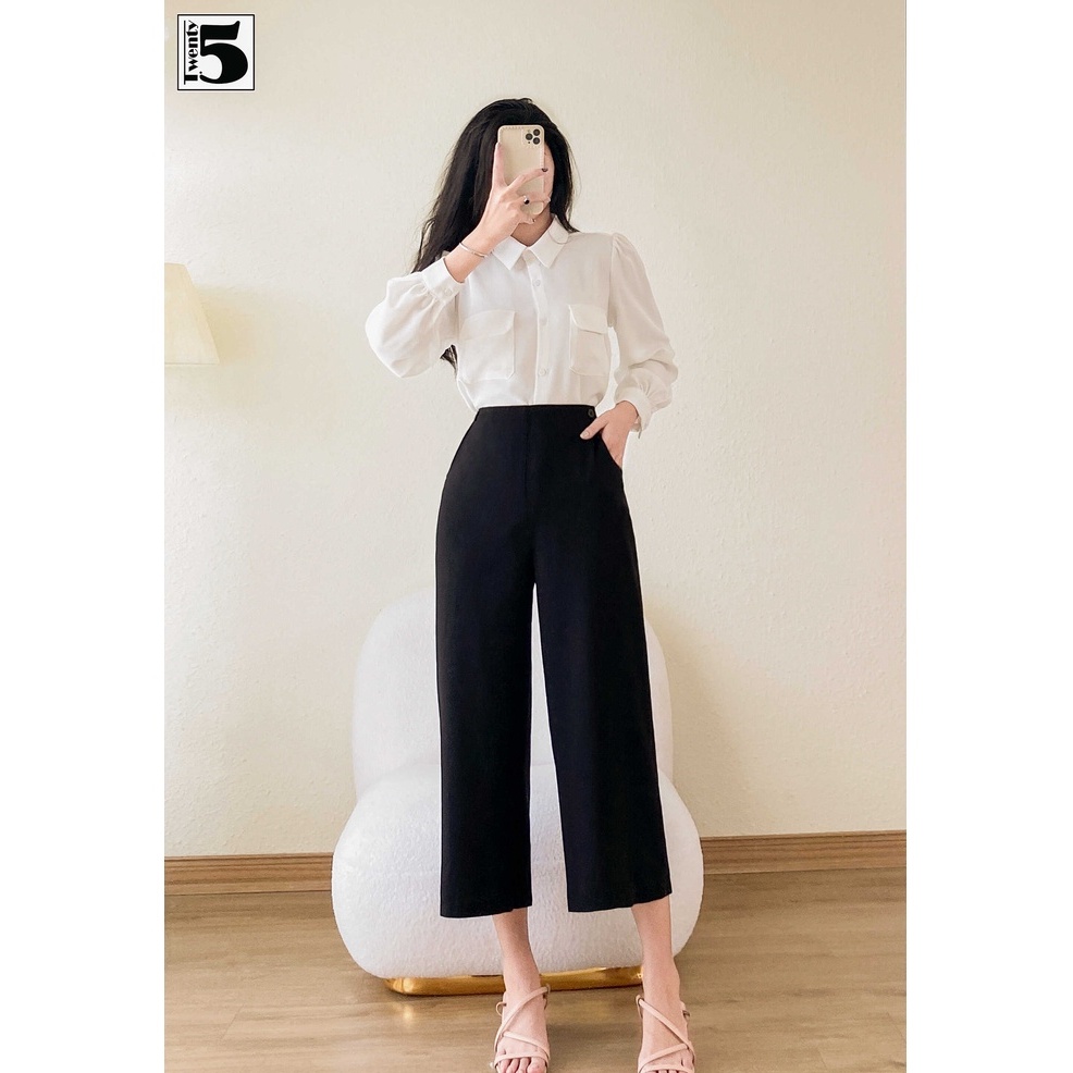 Áo sơ mi trắng dáng suông rộng cơ bản nữ công sở thanh lịch túi ốp ngực Twentyfive N1025