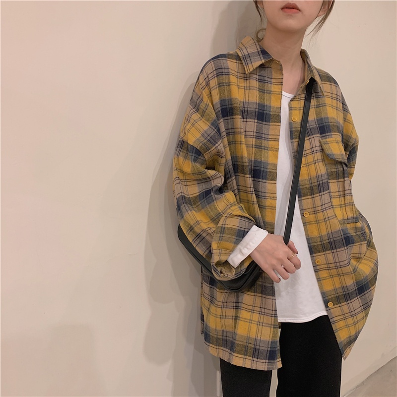 SUXI Áo Sơ Mi Caro Tay Dài Dáng Rộng Phong Cách Retro Cho Nữ