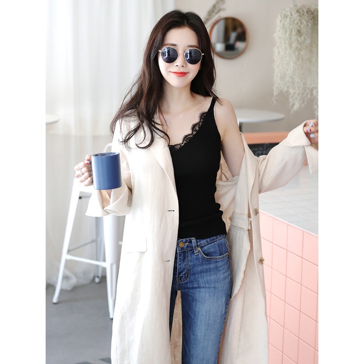 【ZHELIHANGFEI】 / Áo Hai Dây Dệt Kim Cổ Chữ V Màu Trơn Dáng Ôm Dễ Phối Đồ Cho Nữ