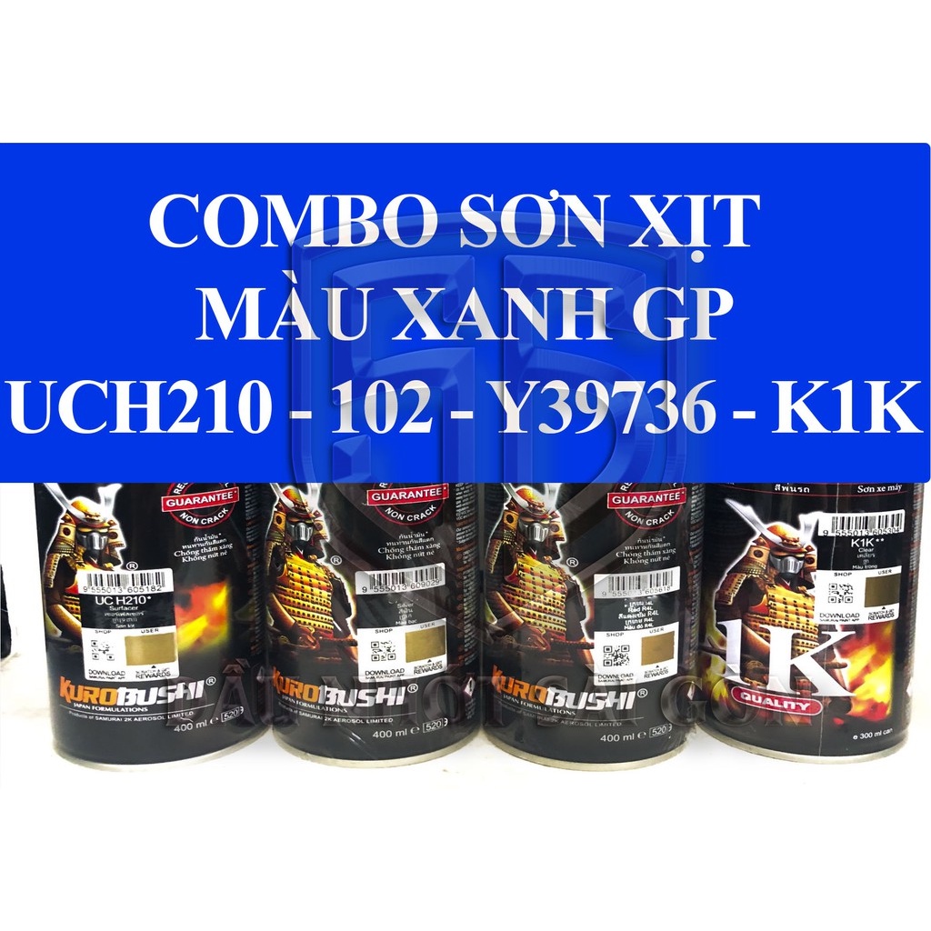[ COMBO 4 CHAI ] SƠN XỊT SAMURAI MÀU XANH GP  Y3973 LÓT UCH210 - NỀN 102 -PHỦ BÓNG K1K