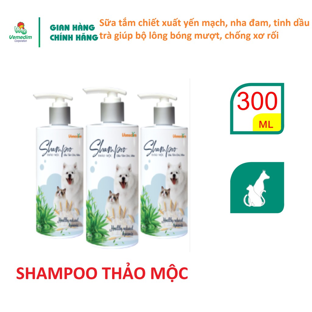 Vemedim Shampoo thảo mộc, sữa tắm cho chó, mèo với chiết xuất yến mạch, nha đam giúp bộ lông bóng mượt, chai 300ml