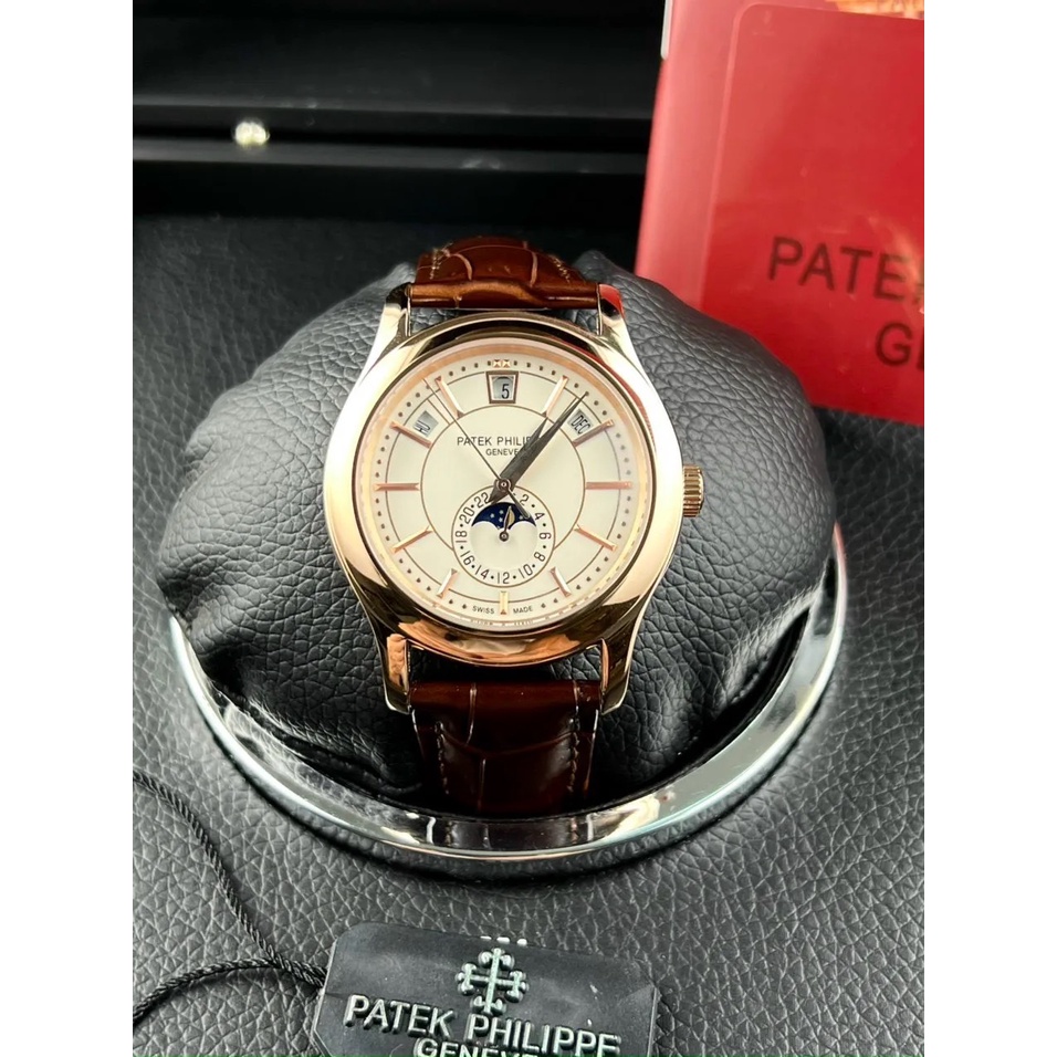 Đồng hồ Nam Patek philippe Complication máy nhật dòng cơ Automatic trăng sao có lịch thứ ngày tháng mặt trắng vỏ vàng