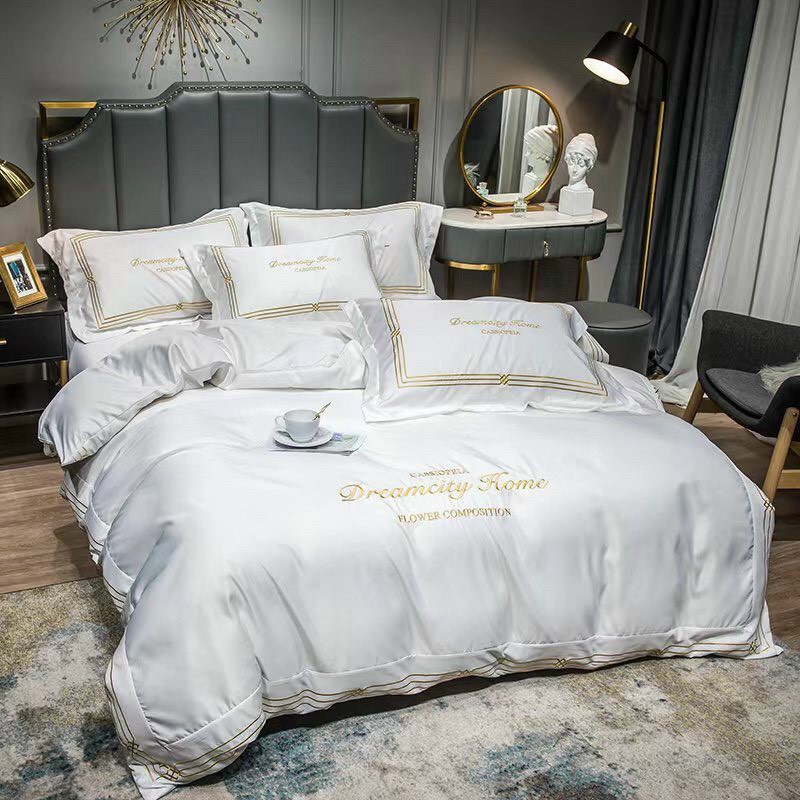 Bộ Chăn Ga Phi Lụa Thêu Cao Cấp 4 Món - DreamCity Home Đủ tiêu chí Sang, Mịn, Mát Giá Tận gốc