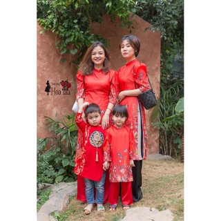 Áo dài cách tân đỏ hoa (cho mẹ và bé)