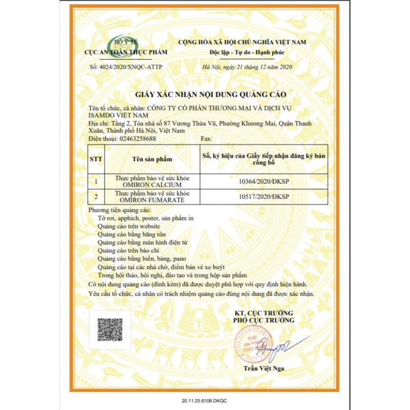 Omiron Calcium - Bổ sung Canxi, Vitamin D3, hỗ trợ phát triển chiều cao, giảm nguy cơ còi xương ở trẻ em, người lớn 20V