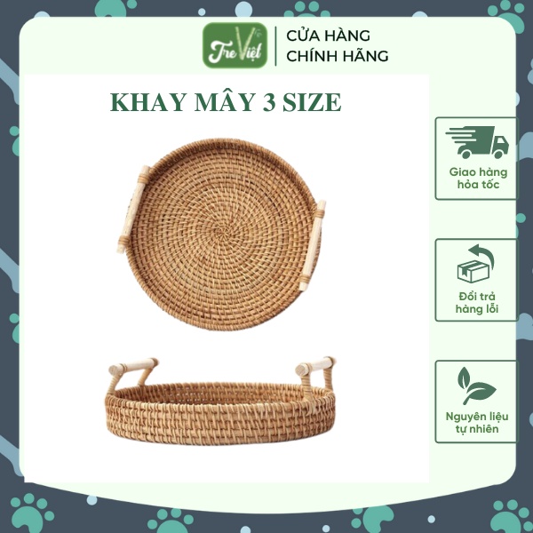 Khay Mây Tròn có Tay Cầm Đựng Đồ Ăn - Khay Mây Guột Trang Trí Decor 3 kích thước - Rattan Tray