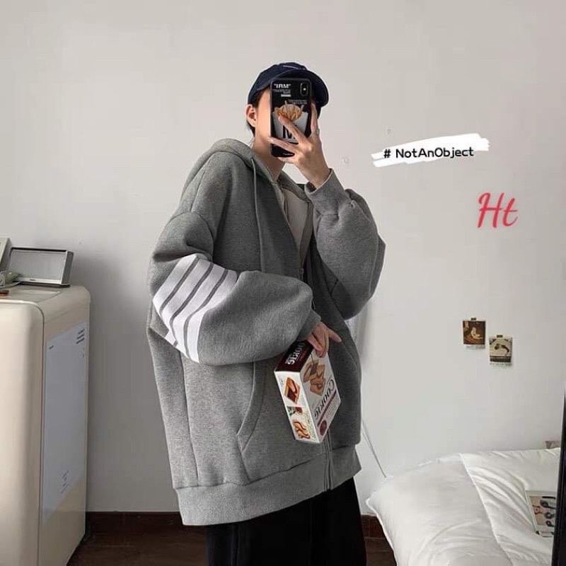 áo khoác nỉ khoá mũ 3 sọc tay bồng Kt55Ht62