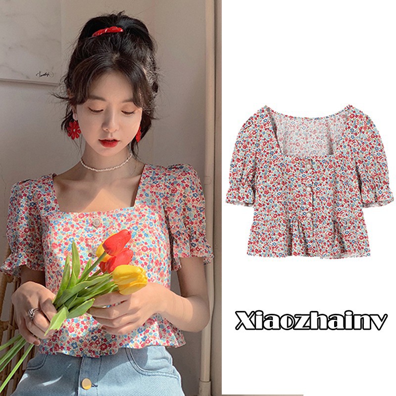 Xiaozhainv Áo nữ tay ngắn in hoa phong cách Hàn Quốc | BigBuy360 - bigbuy360.vn