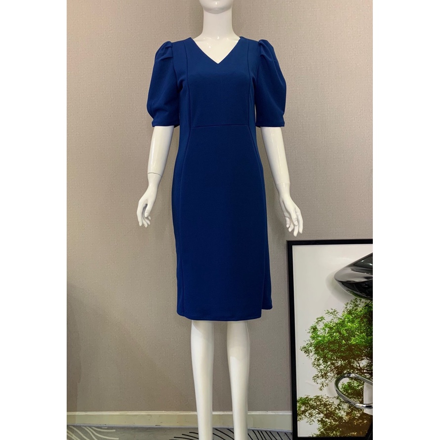Đầm suông cổ V tay xếp ly trung niên cao cấp xanh- Đầm Nga Dương