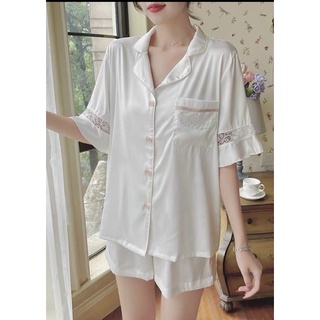 BỘ LỤA PIJAMA TRẮNG PHỐI REN CAO CẤP XINH