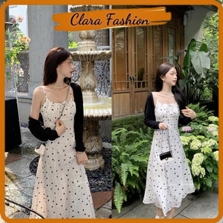 Set váy 2 dây trái tim kèm áo khoác len có ảnh thật clara siêu xinh