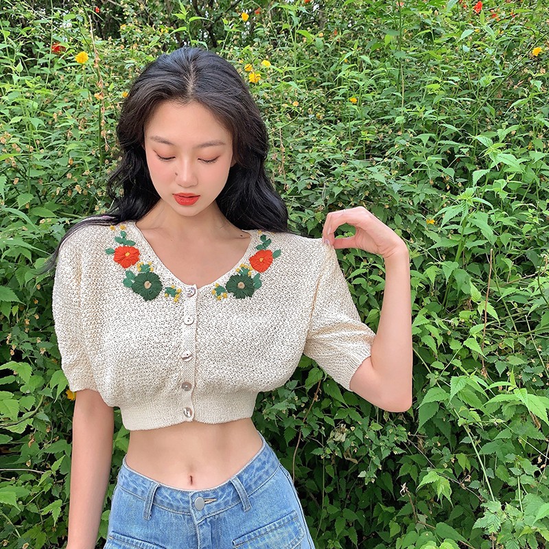 Xiaozhainv Áo Cardigan Xiaozhainv Dệt Kim Tay Ngắn 2 Màu Sắc Tùy Chọn Phong Cách Hàn Quốc Thời Trang