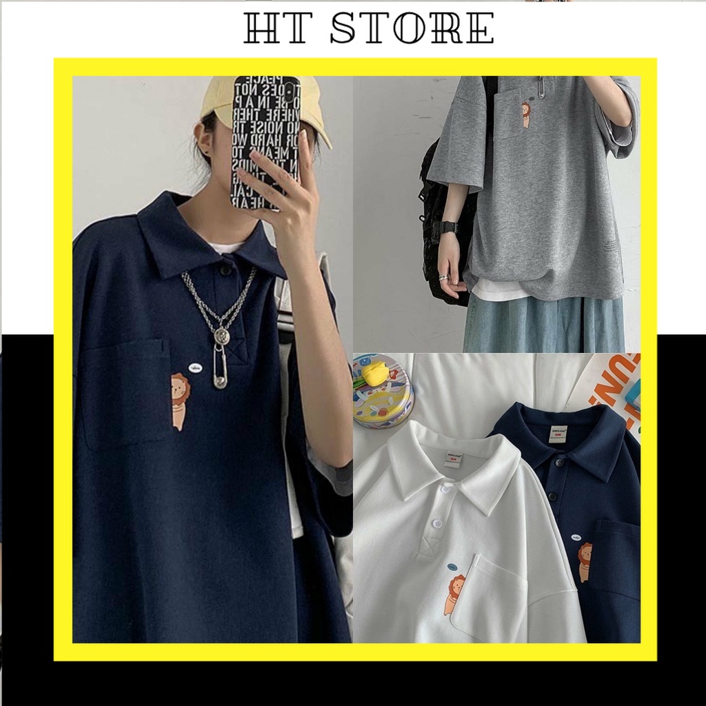 Áo Polo Unisex Túi Sư Tử Dáng Rộng dưới 66kg - Áo Thun Nam Nữ Cổ Bẻ 3 Màu G0159