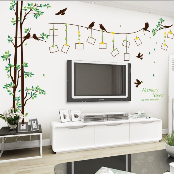 Decal trang trí tường - Thân Cây mỏng Khung Hình lá vàng