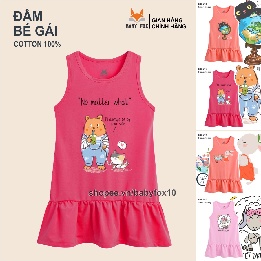 Đầm bé gái size nhỏ, trung, đại 100% cotton cao cấp, thương hiệu BABY FOX, hình mèo, thỏ đáng yêu g