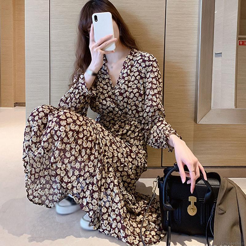 Đầm maxi chất chiffon hoạ tiết hoa nữ tính