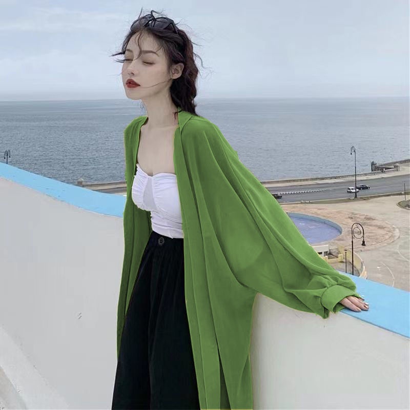 Jiashucheng Áo Khoác Voan Mỏng Chống Nắng Dáng Dài Qua Gối Thời Trang Mùa Hè Phong Cách Hàn Quốc Cho Nữ