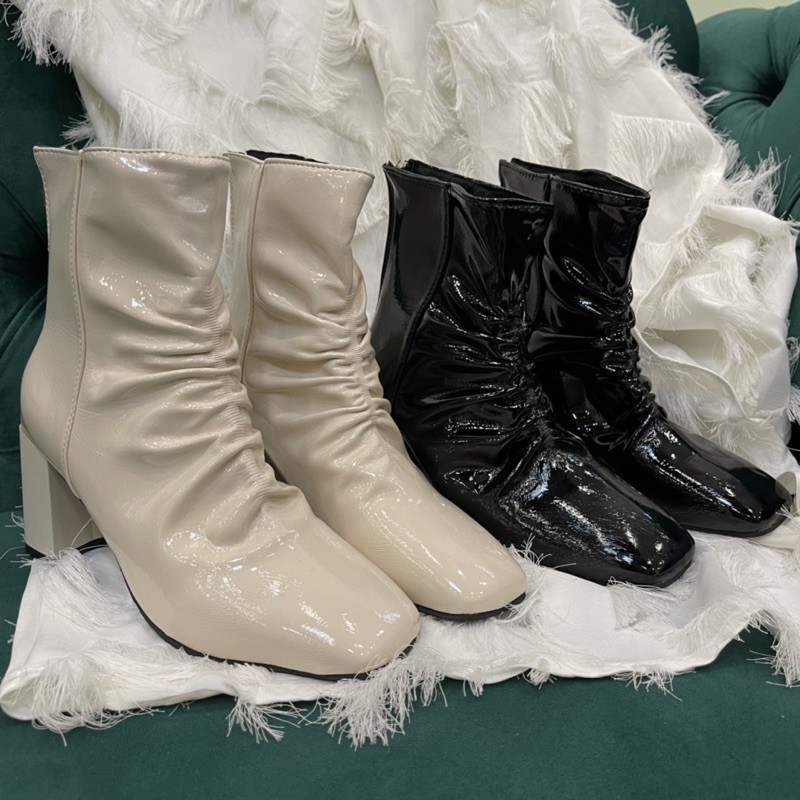 Bốt nữ/ boot nhăn da bóng Cổ Thấp 7Cm Hai Màu Đen Kem Cực Sang Chảnh Đế Vuông Mũi Vuông | BigBuy360 - bigbuy360.vn