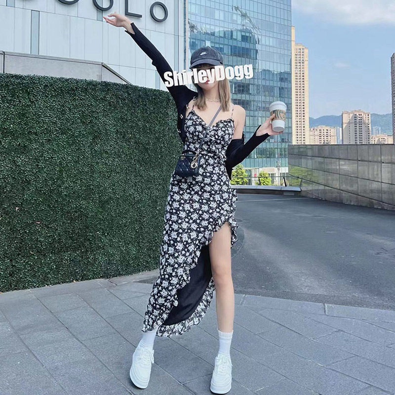 Đầm Hai Dây Eo Cao In Hoa Phong Cách retro Thời Trang Hàn Quốc