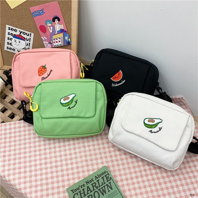 Túi chéo mini vải bố thêu hoa quả cực xinh