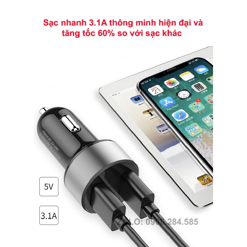 Tẩu sạc trên Ô tô 2 cổng sạc USB sạc nhanh 3.1A hợp kim cao cấp có LED báo hiệu