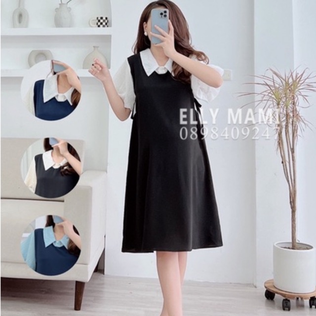 ( 40kg - 95kg ) Đầm Bầu , Suông Cổ Sơmi Tay Phồng Mặc Thoải Mái Suốt Thai Kì & Sau Sinh Thiết Kế Cao Cấp ( Có Túi Sườn )