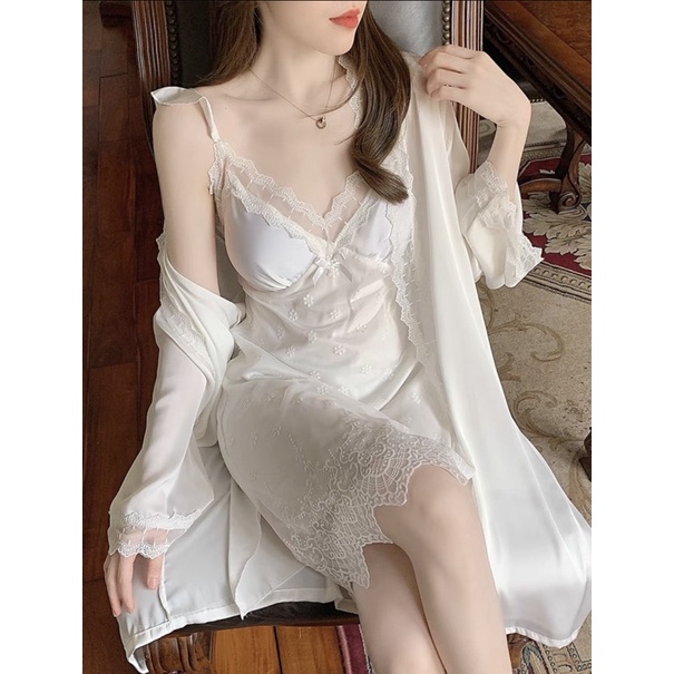 Sét Đầm Ngủ Ren Quyến Rũ, Váy Ngủ Có Đệm Kèm Áo Choàng Lụa Cao Cấp Cho Nữ từ 40-63kg. | BigBuy360 - bigbuy360.vn