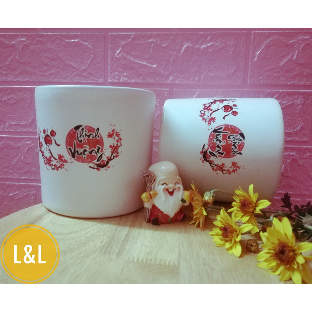 Chậu Decal BÌNH AN Trồng Cây Để Bàn - Chậu Sứ Bát Tràng trồng cây cảnh để bàn, cây trang trí